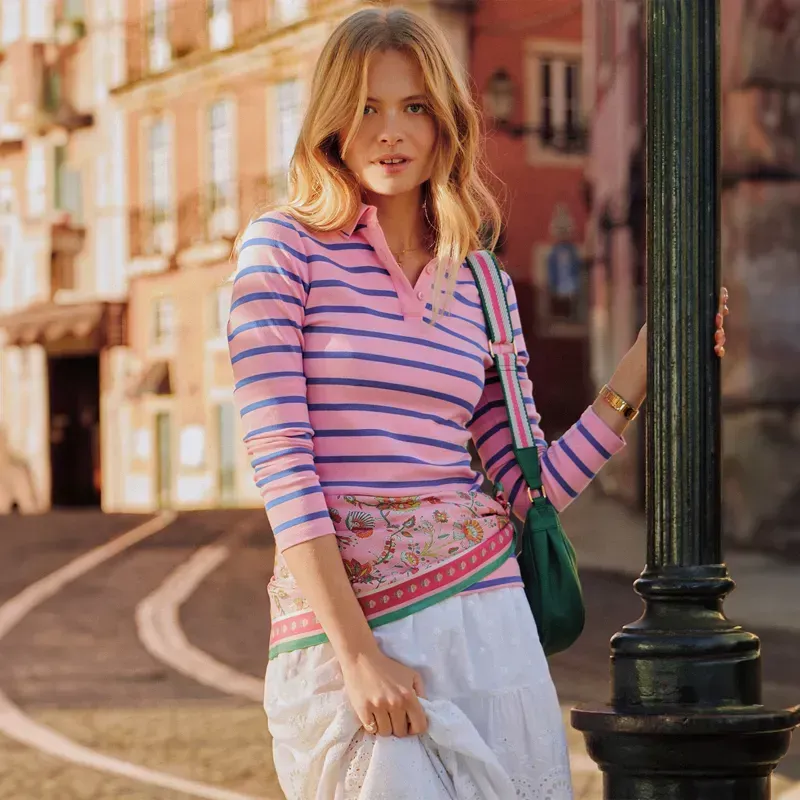 Joules Fairfield Women's Long Sleeve Polo Shirt - Pink/Blue Stripes-1
