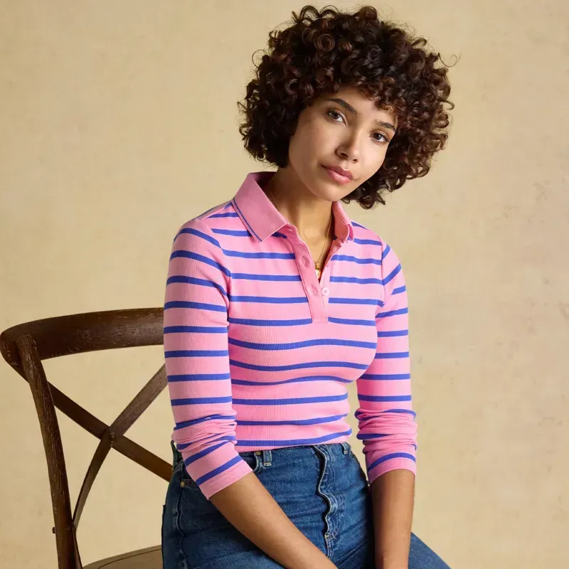 Joules Fairfield Women's Long Sleeve Polo Shirt - Pink/Blue Stripes-8