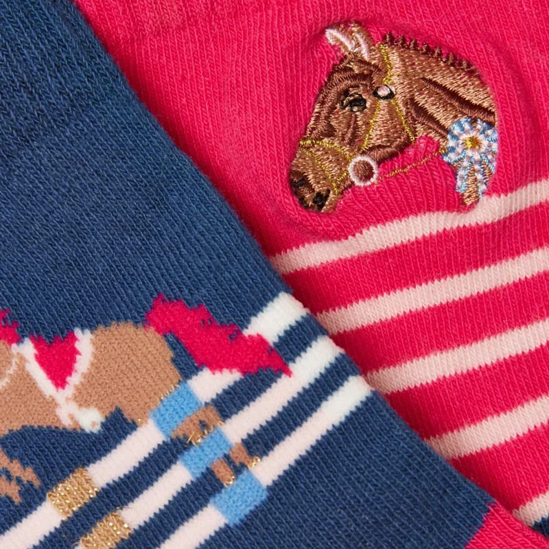 Joules Neat Feet Junior Girls Socks 2 Pack - Pink/Navy Horse-1