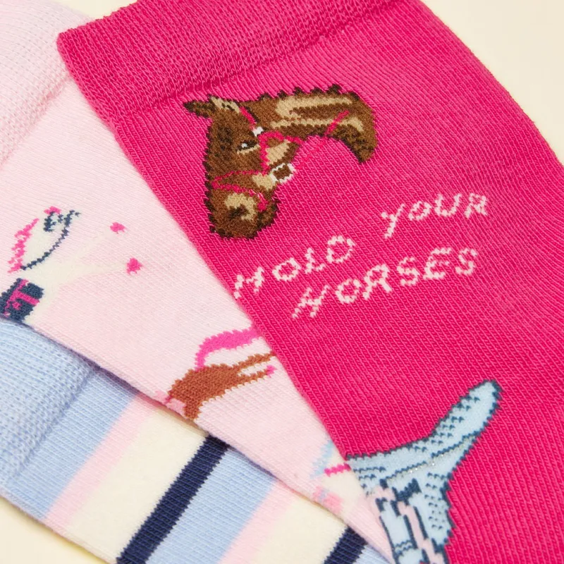 Joules Neat Feet Girls Socks 3 Pack - Hold Your Horses/Pink/Blue-1