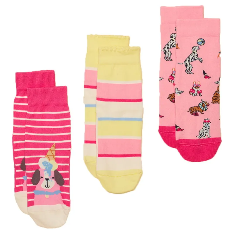 Joules Neat Feet Junior Girls Socks 3 Pack - Pink Dog