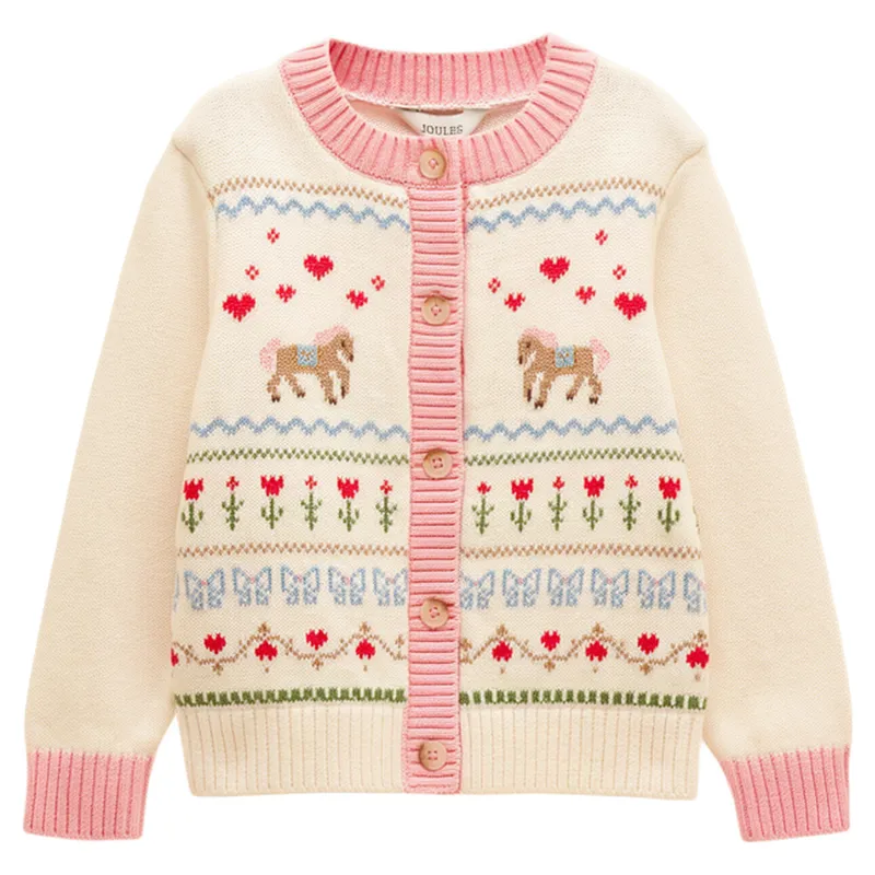 Joules Pippa Girls Knitted Cardigan - Cream/Horse
