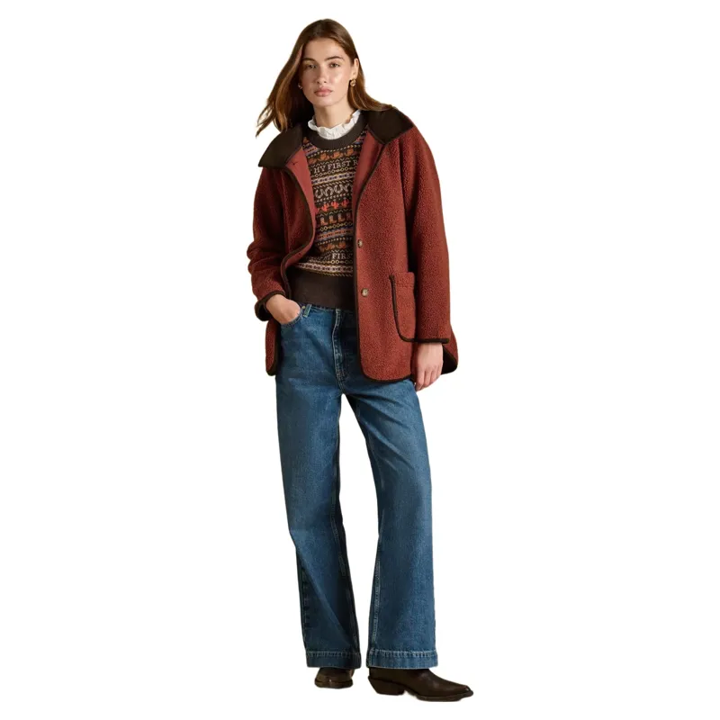 Joules Sadie Longline Button Through Fleece Jacket - Burnt Orange-4