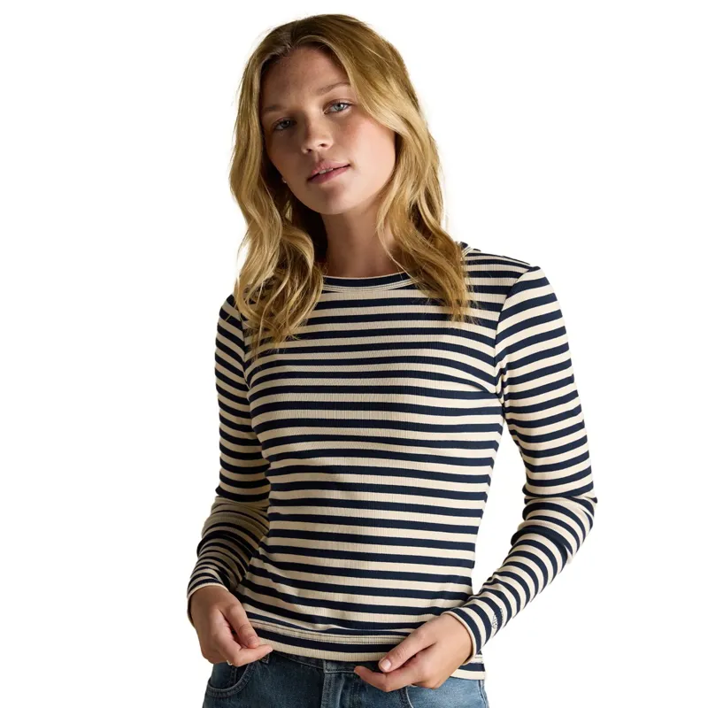 Joules Sophie Women's Ribbed Long Sleeve T-Shirt - Navy/Oatmeal Stripe