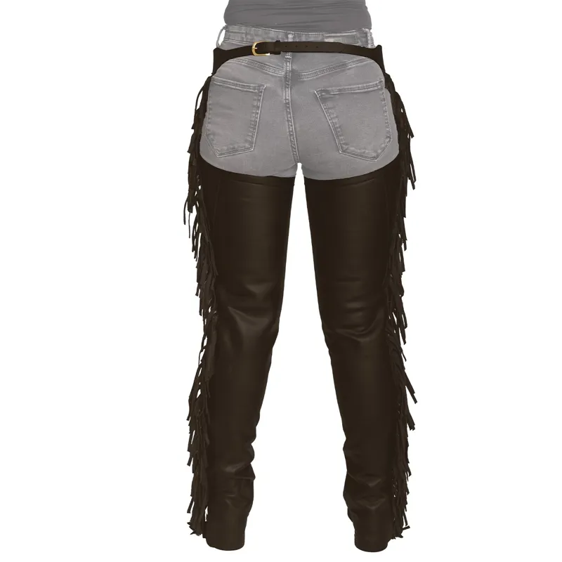 Dy'on Vegan Leather Full Chaps with Fringes - Brown-2