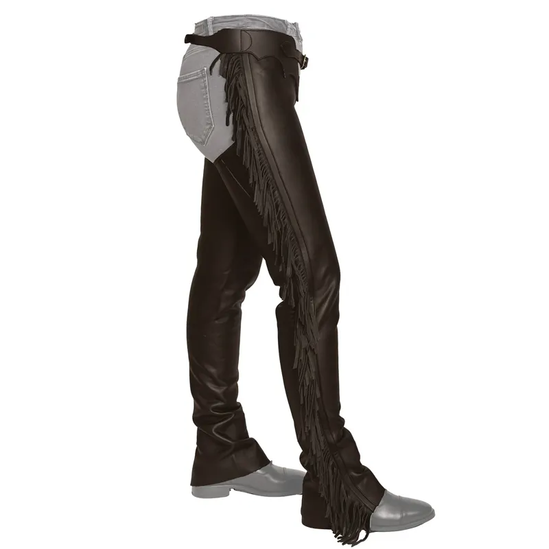Dy'on Vegan Leather Full Chaps with Fringes - Brown-1