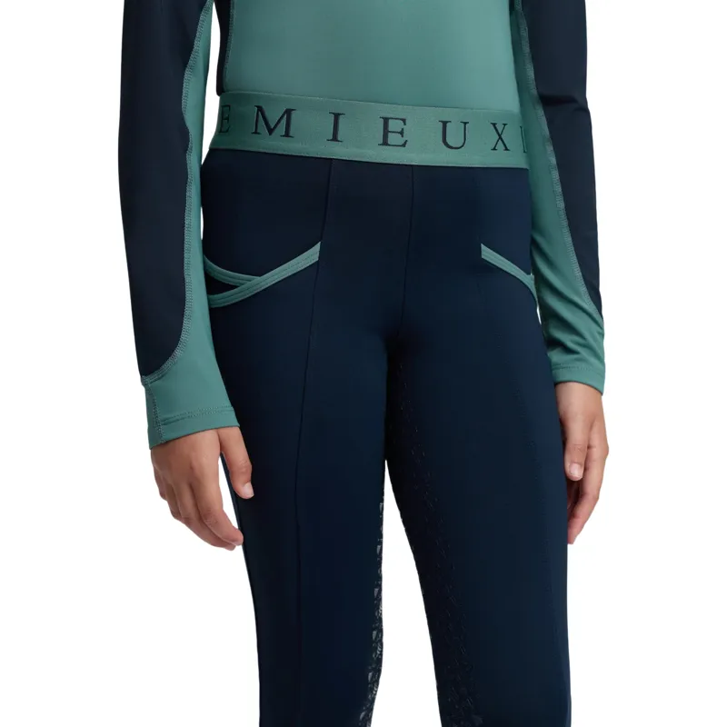 LeMieux Mini Junior Pull On Full Grip Riding Tights - Navy/Aloe-2