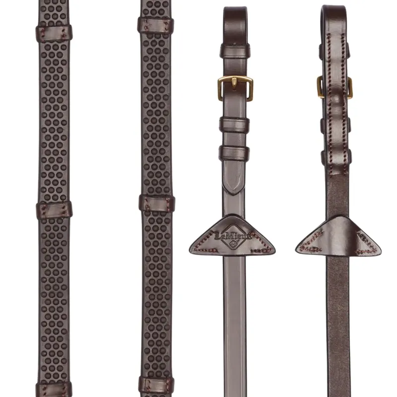 LeMieux Soft Rubber Reins with Stoppers - Havana/ Brass