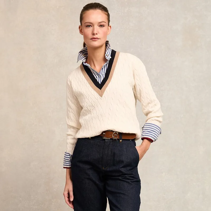 Holland Cooper Melissa V-Neck Knit Ladies Sweater - Natural