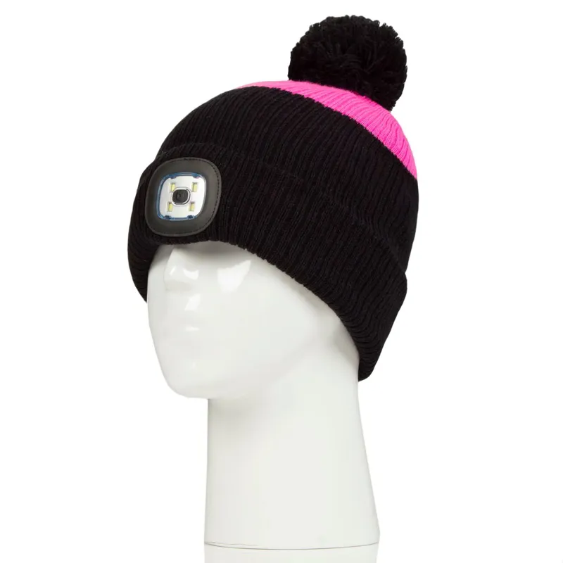 Platinum Mull Womens Waterproof LED Pom Beanie Hat - Black/Cerise-1