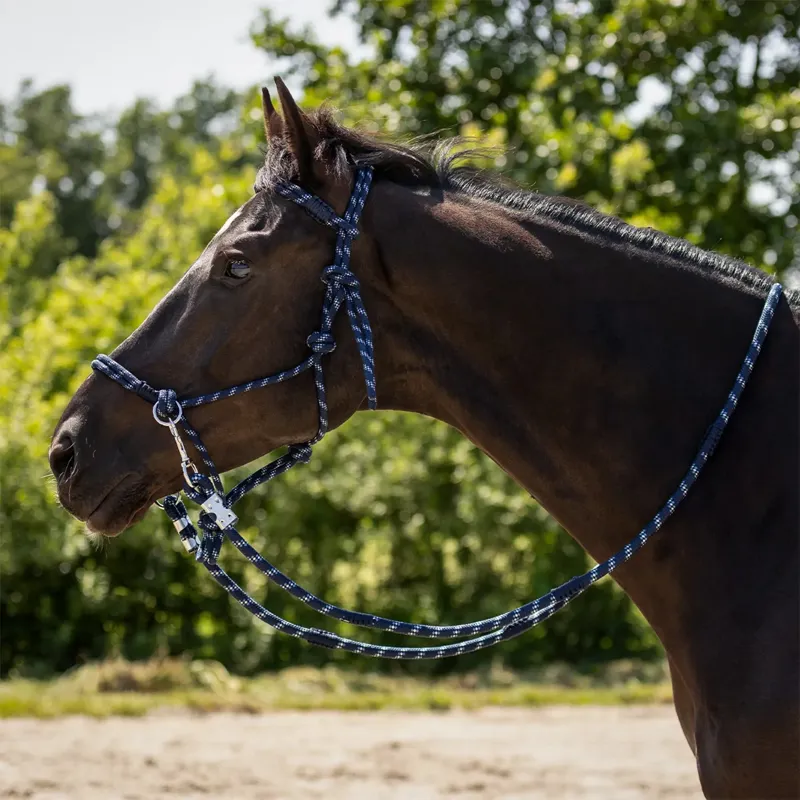 QHP Aubree Rope Halter with Reins - Misty Blue/Navy