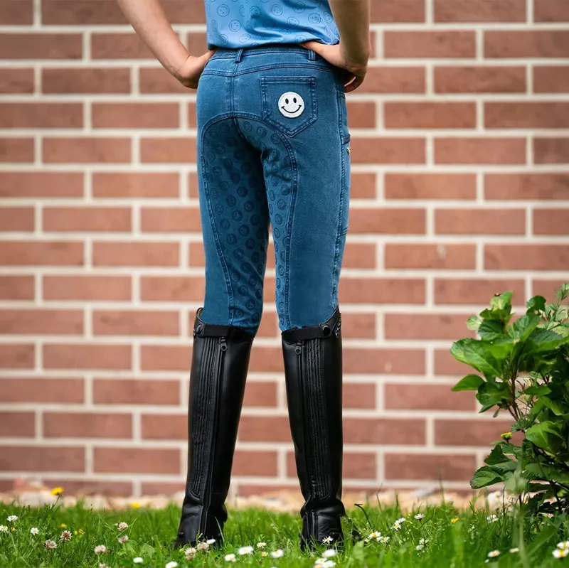 QHP Rosalynn Full Grip Junior Girls Riding Tights - Denim-4