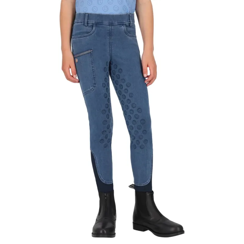 QHP Rosalynn Full Grip Junior Girls Riding Tights - Denim