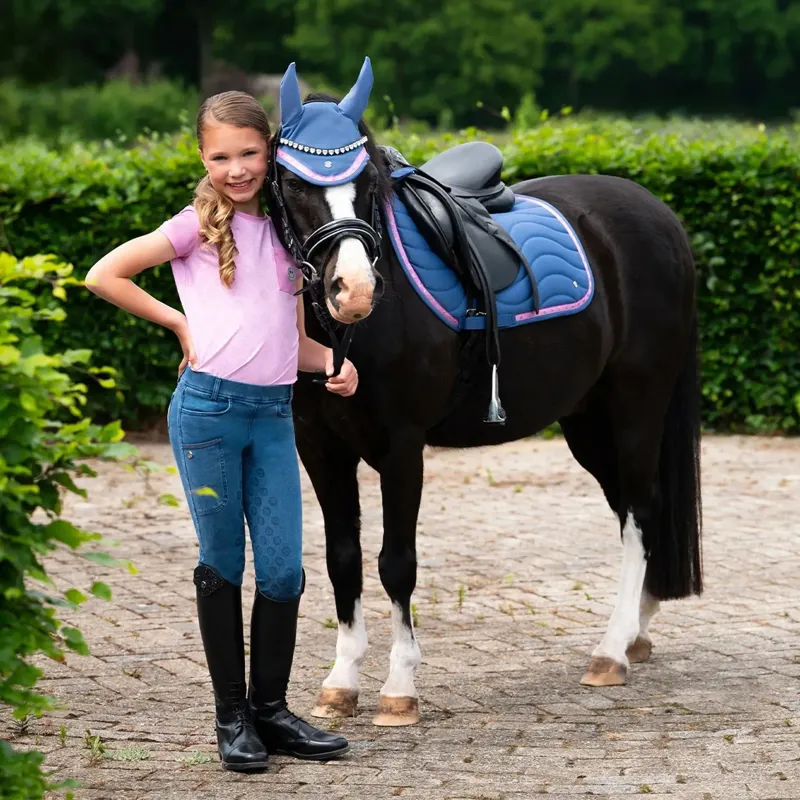QHP Rosalynn Full Grip Junior Girls Riding Tights - Denim-3