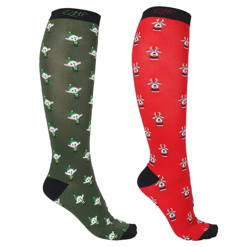 QHP Christmas Tall Riding Socks 2 Pack - Red/Green Elves-1