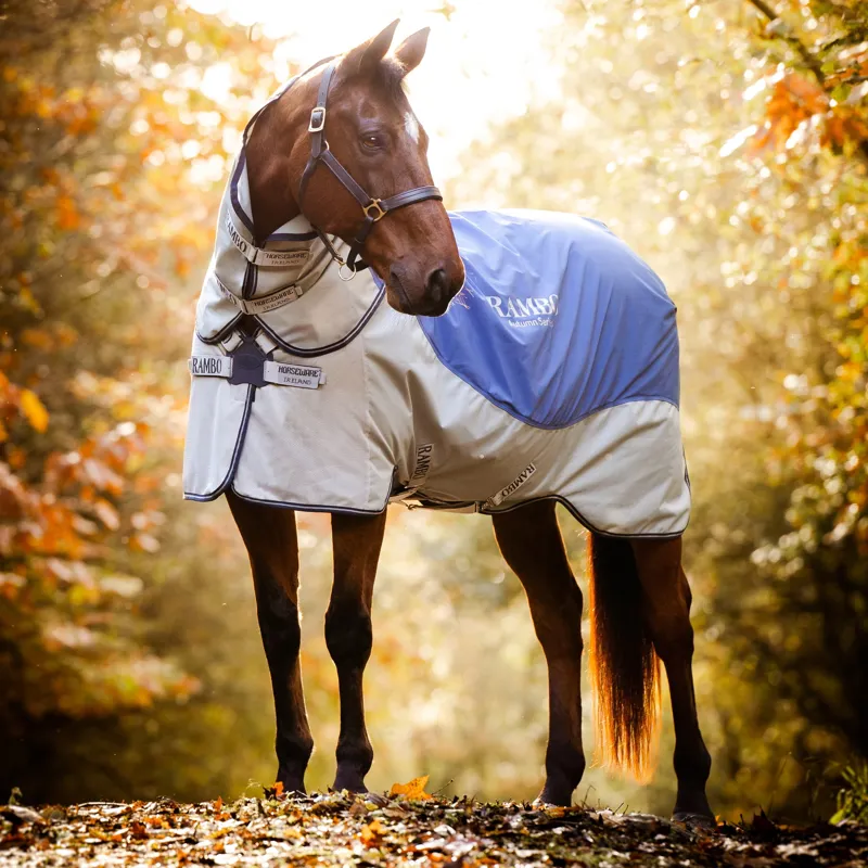 Rambo Autumn Series Detach-A-Neck 0g Turnout Blanket With 100g Liner - Navy/Grey