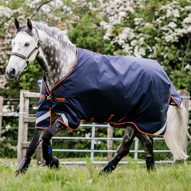 Rambo Original 100g Lite Turnout Blanket with Leg Arches - Navy/Orange/Tan