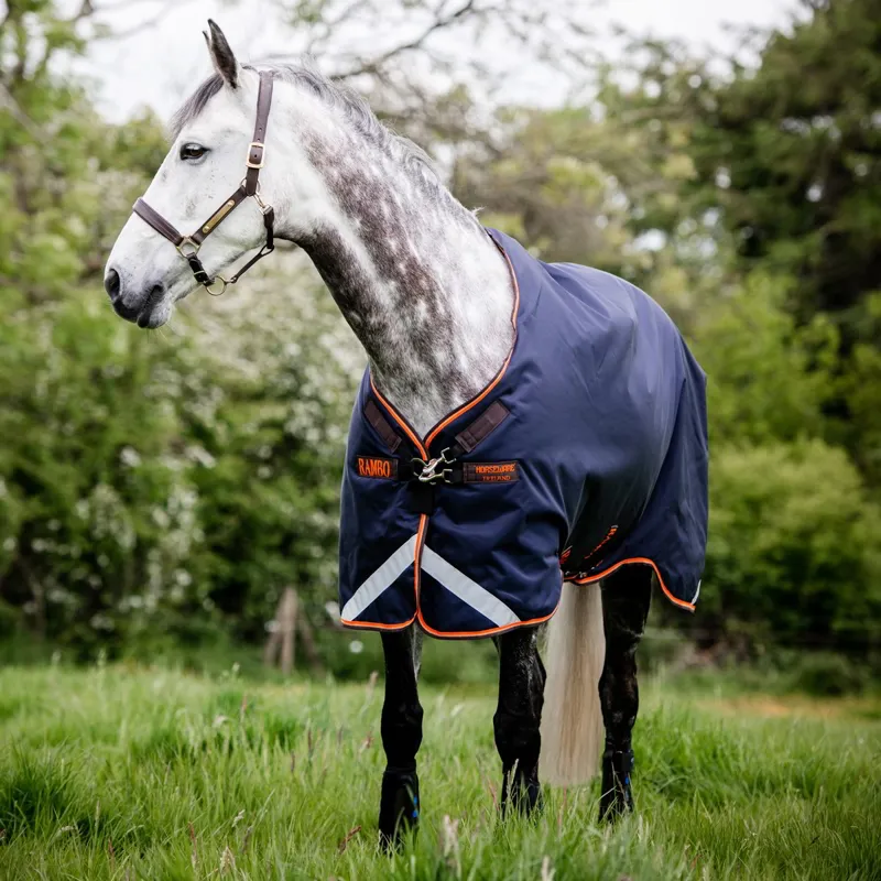 Rambo Original 100g Lite Turnout Blanket with Leg Arches - Navy/Orange/Tan-1