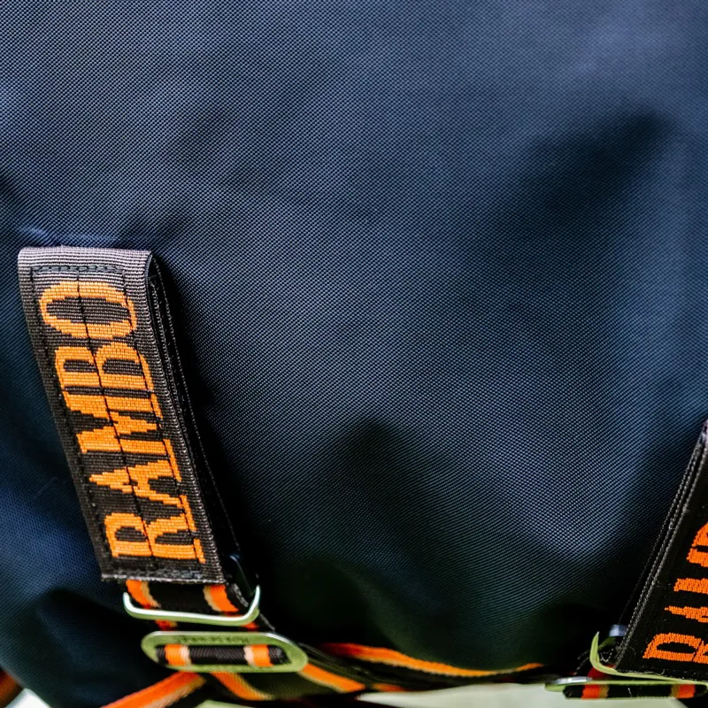 Rambo Original 100g Lite Turnout Blanket with Leg Arches - Navy/Orange/Tan-3