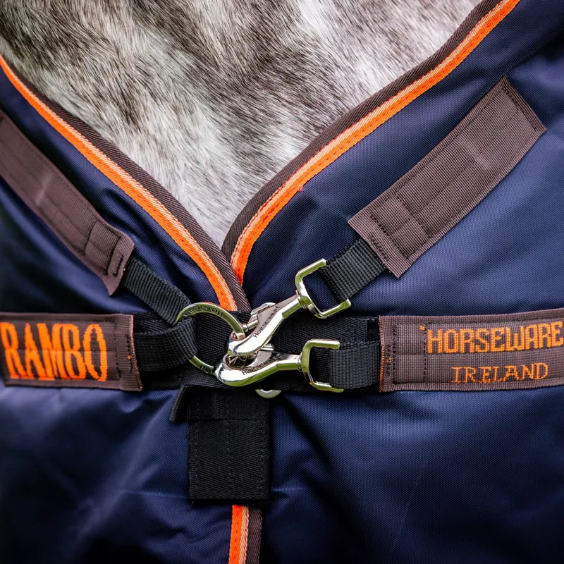 Rambo Original 100g Lite Turnout Blanket with Leg Arches - Navy/Orange/Tan-4