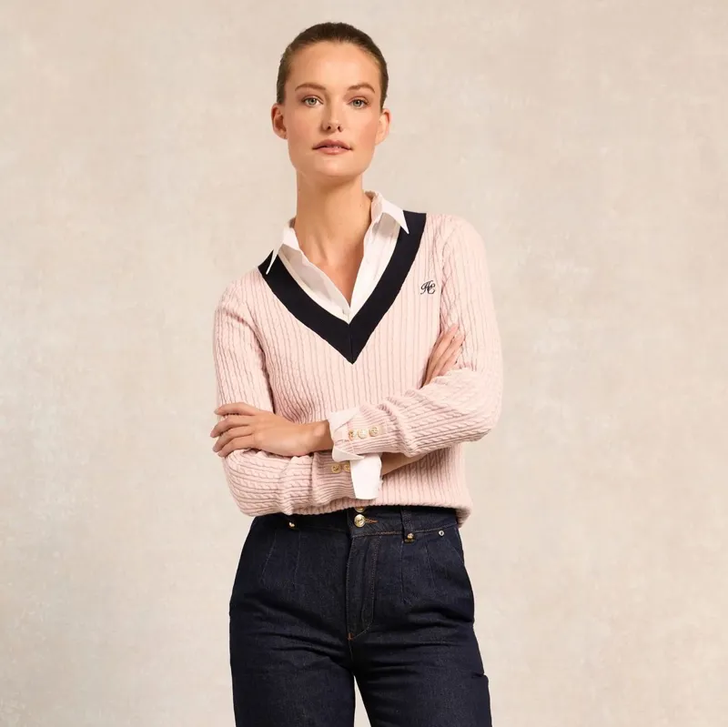 Holland Cooper Lucy Knit V-Neck Ladies Sweater - Soft Pink-1