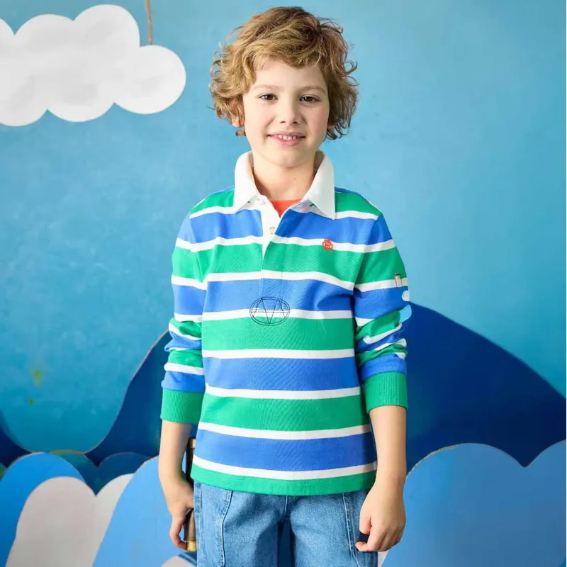 Joules Junior Boys Rugby Shirt - Green/Blue Stripe