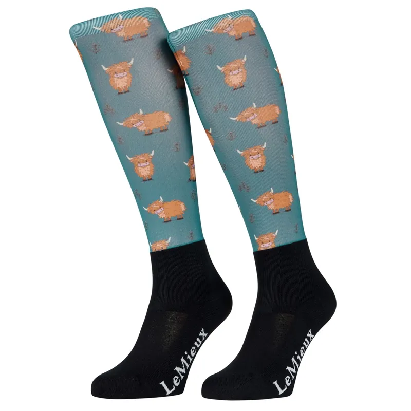 LeMieux Footsie Adults Tall Riding Socks - Highland Cow/Aloe