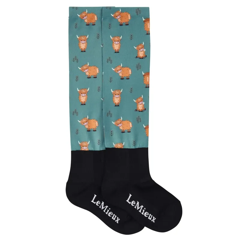 LeMieux Footsie Adults Tall Riding Socks - Highland Cow/Aloe-1