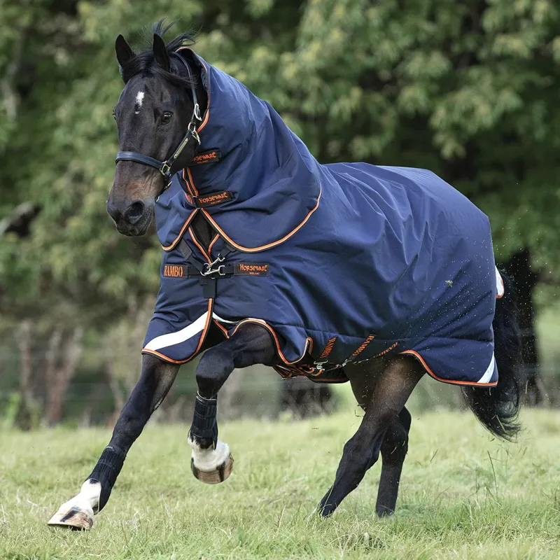 Rambo Supreme 1680D 50g Detachable Neck Turnout Blanket - Navy/Orange/Tan