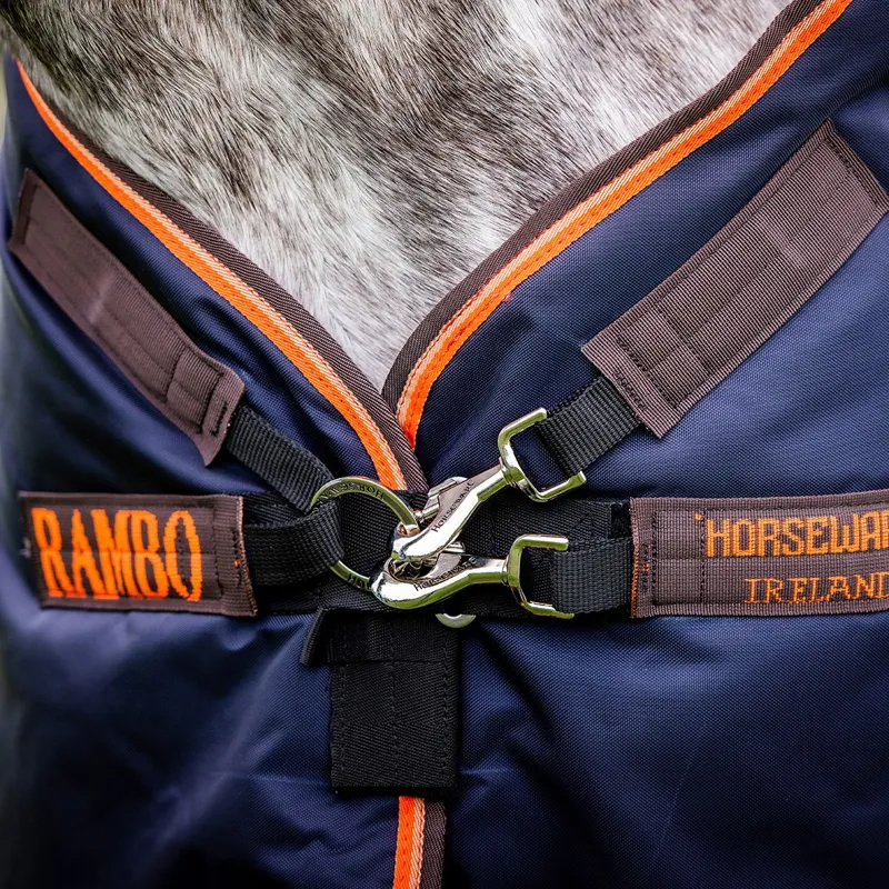 Rambo Supreme 1680D 50g Detachable Neck Turnout Blanket - Navy/Orange/Tan-1