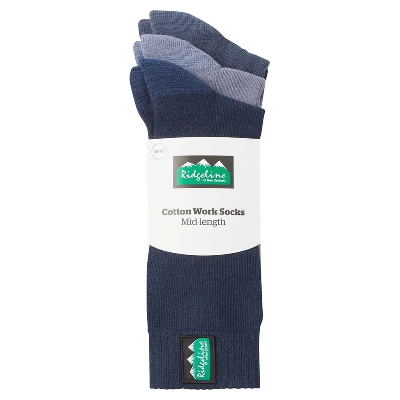 Ridgeline Cotton Work Mid Length Socks 3 Pack - Navy Multi
