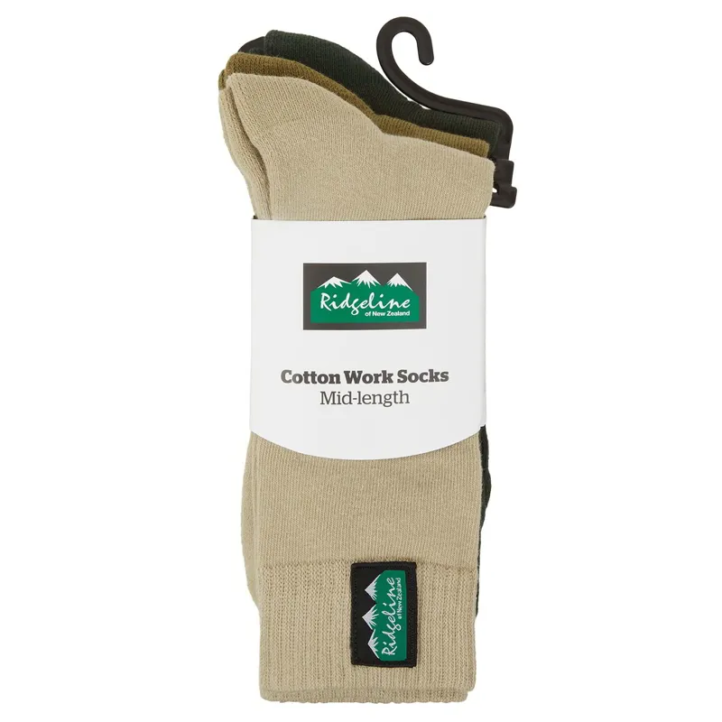 Ridgeline Cotton Work Mid Length Socks 3 Pack - Olive Multi