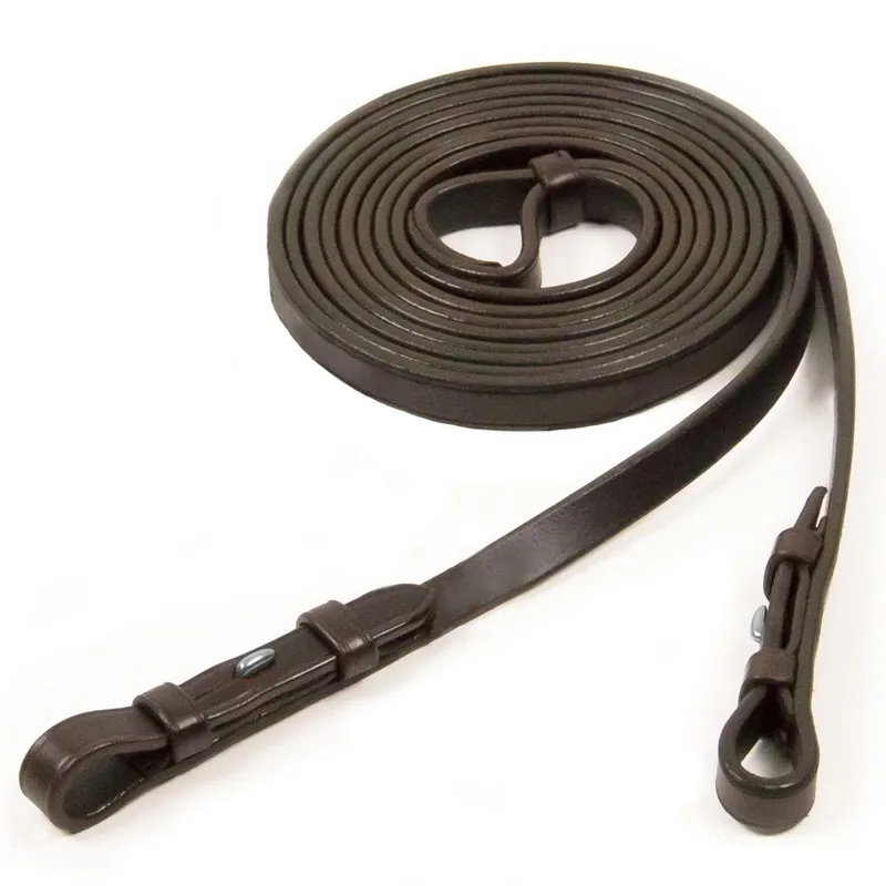 Schockemohle Plain Leather Slim Hook Stud Reins - Dark Brown/Silver-1