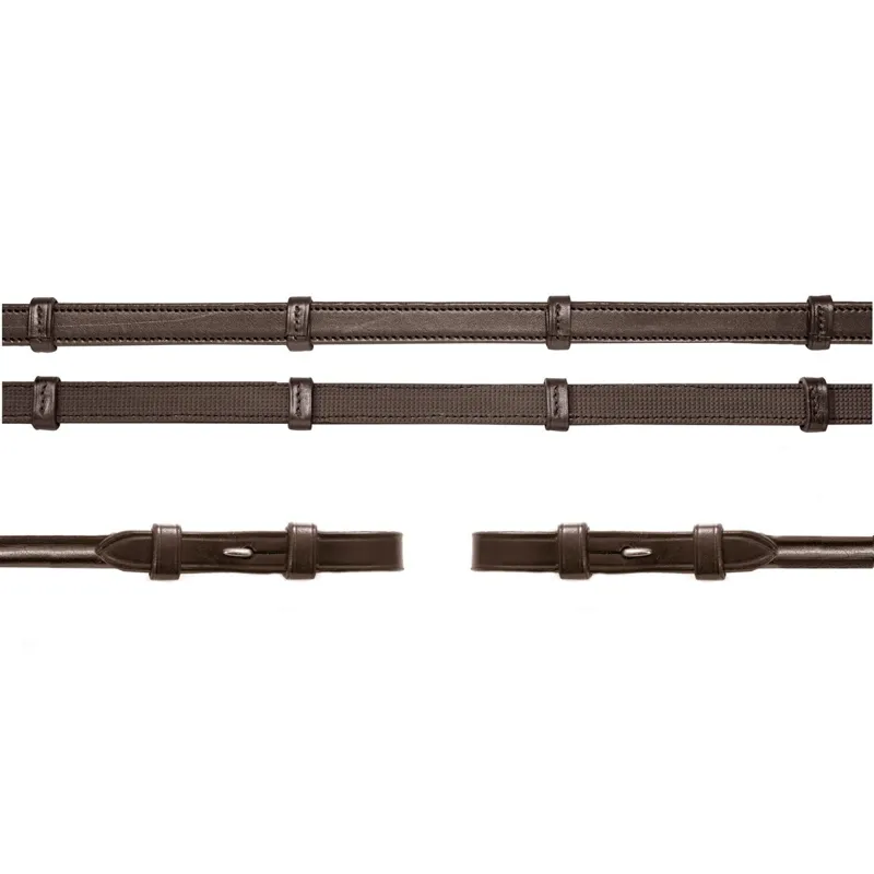 Schockemohle Rolled Inside Grip Continental Reins - Dark Brown/Silver