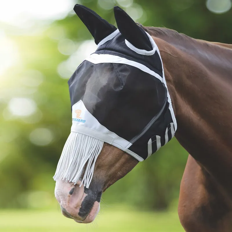 Shires FlyGuard Pro Fine Mesh Fly Mask with Ears and Fringe - Black