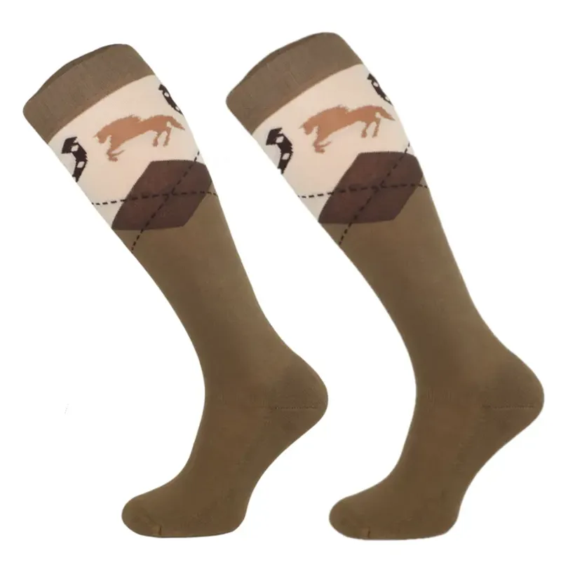 Comodo Unisex Tall Riding Socks - Horses/Brown