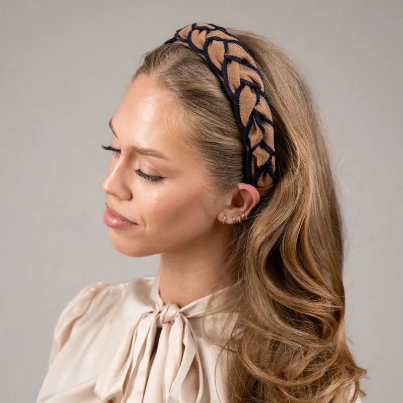 Waring Brooke Classic Signature Braid Headband - Tan/Navy-1