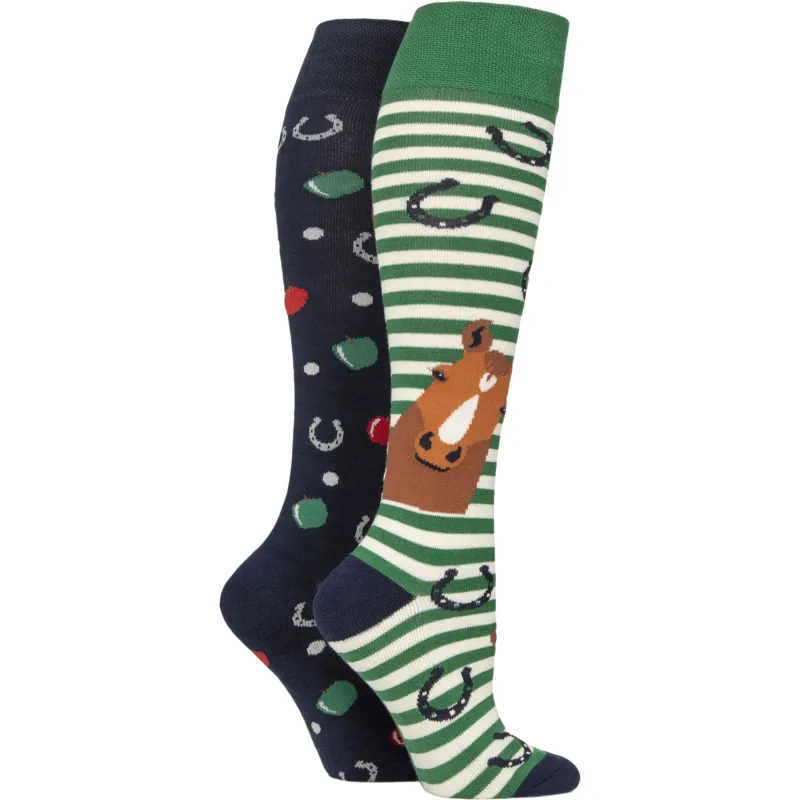 Sockshop Wild Feet Knee High Womens Socks 2 Pack - Horsing Around/Green